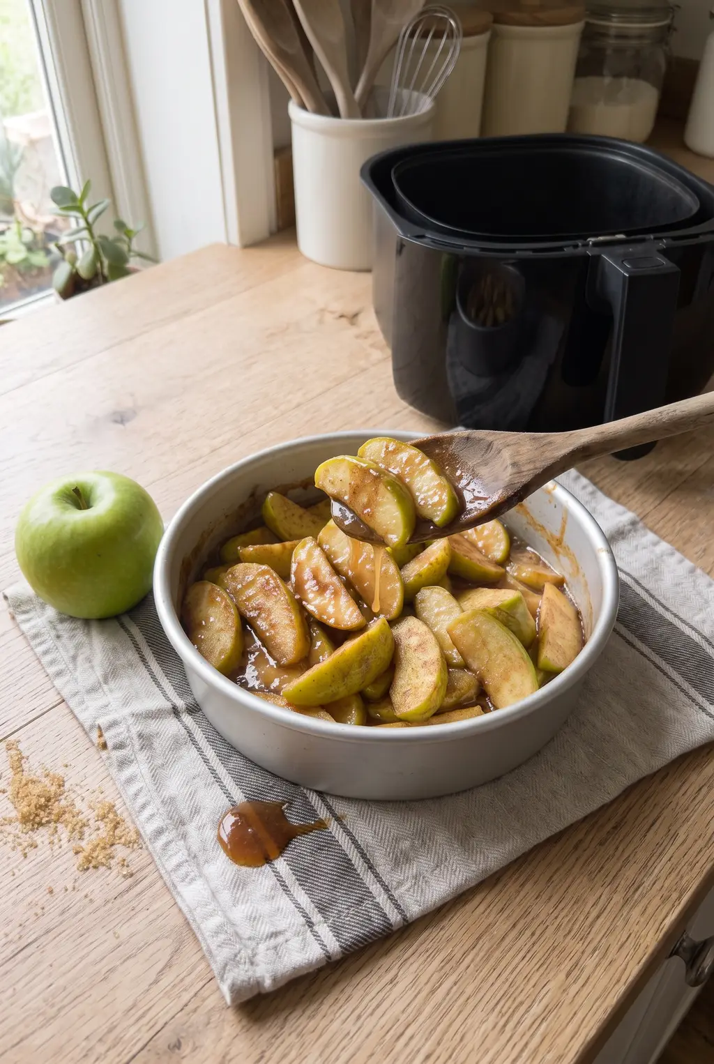 Air fryer cinnamon apples in a glossy brown sugar sauce, served warm in a bowl