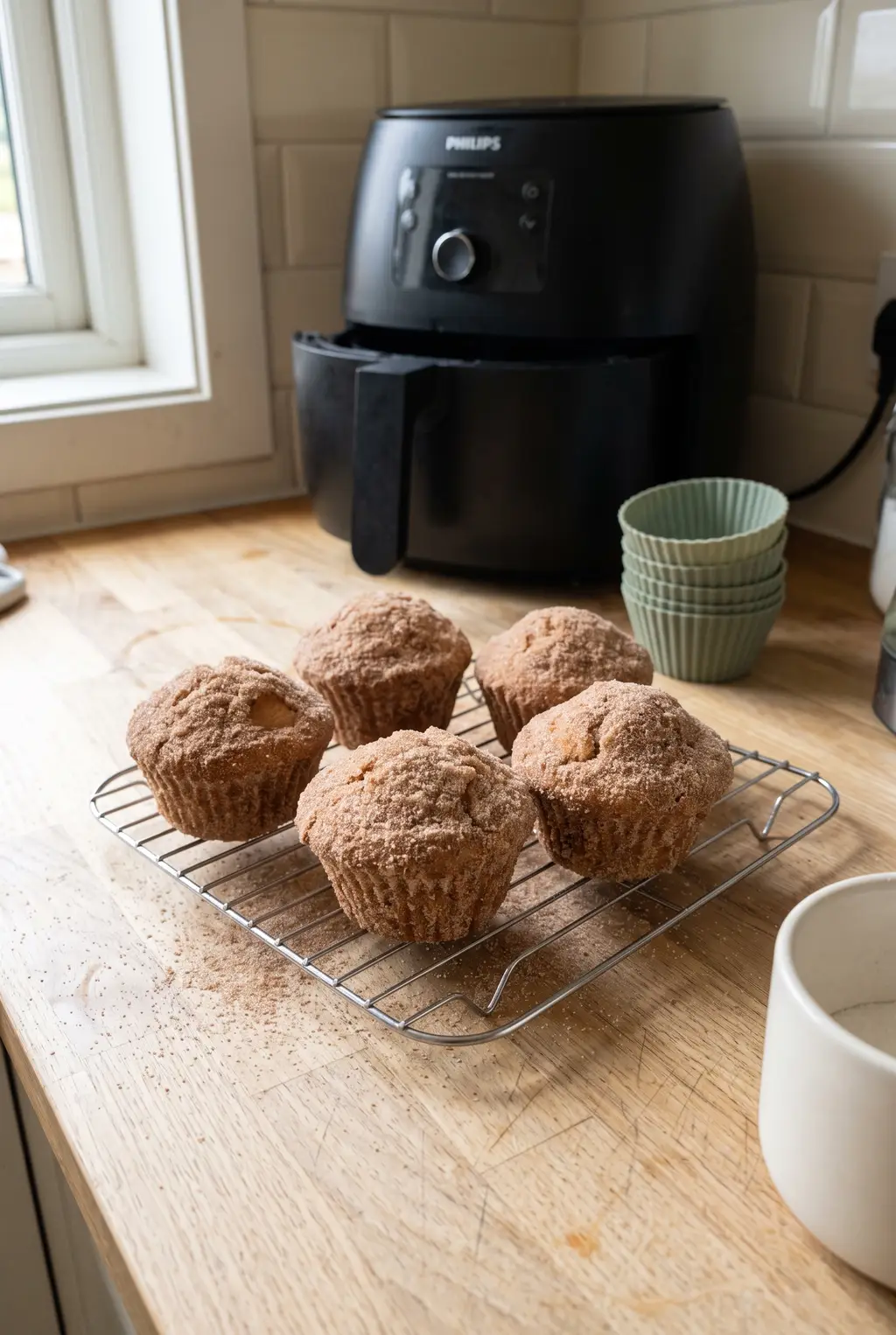 Air fryer cinnamon donut muffins coated in cinnamon sugar, stacked on a plate
