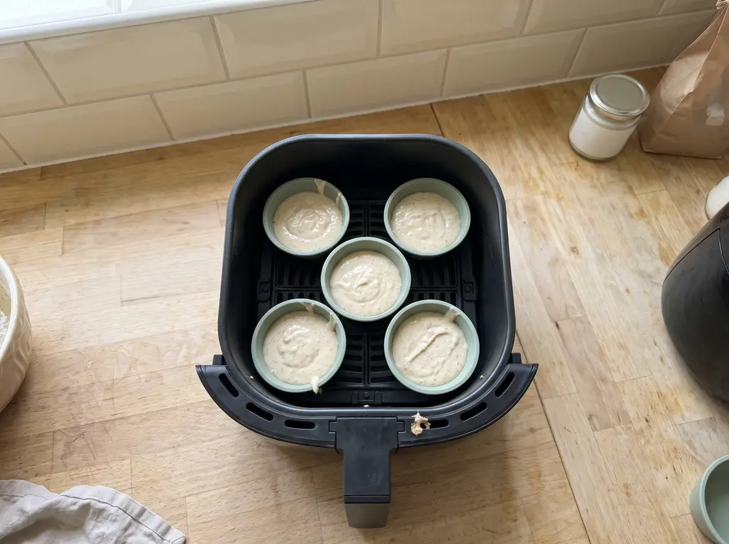 Cinnamon muffin batter in silicone cups arranged in an air fryer basket, ready to bake