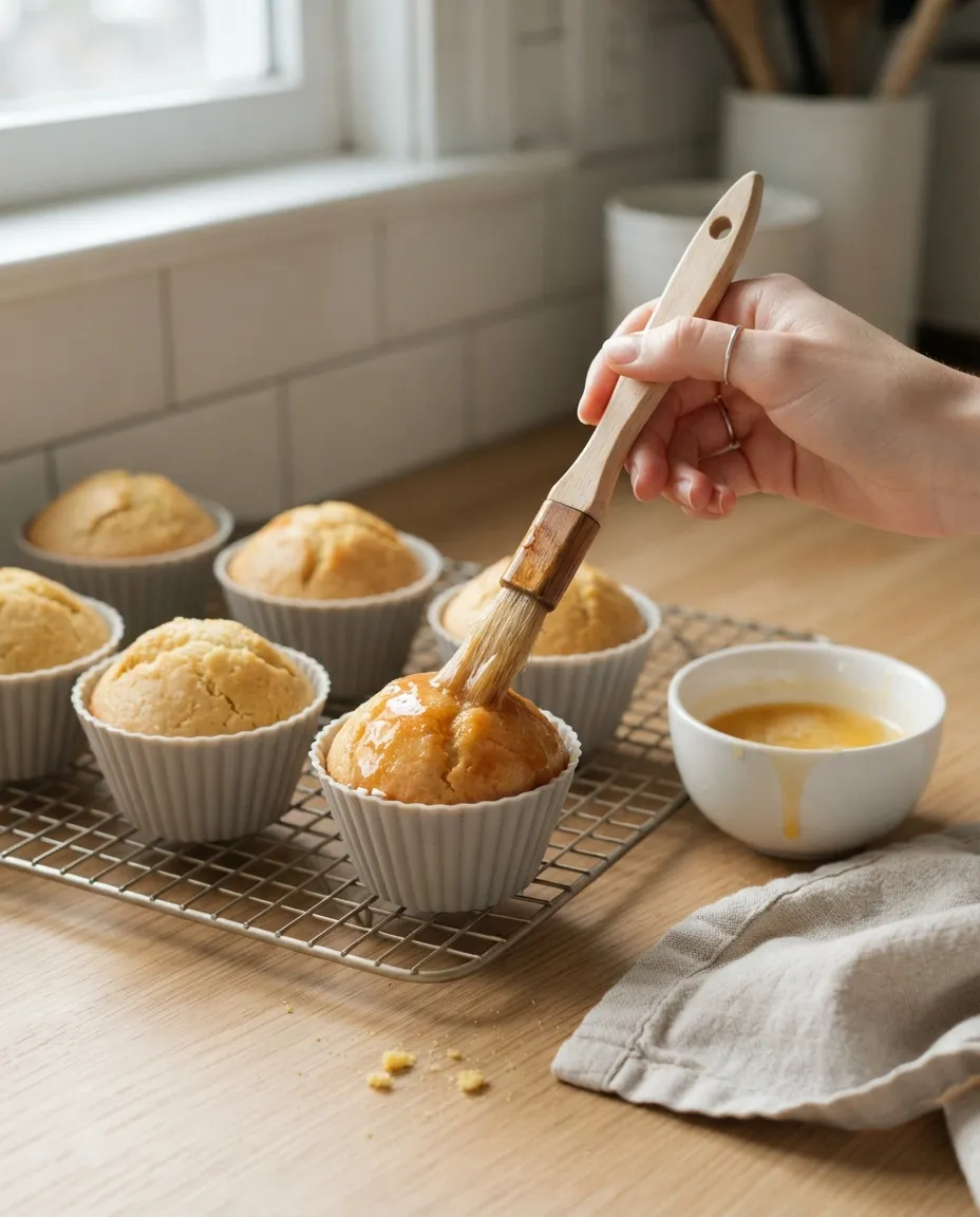 Brushing glossy honey butter onto a warm air fryer corn muffin in a silicone cup, more muffins cooling on a wire rack