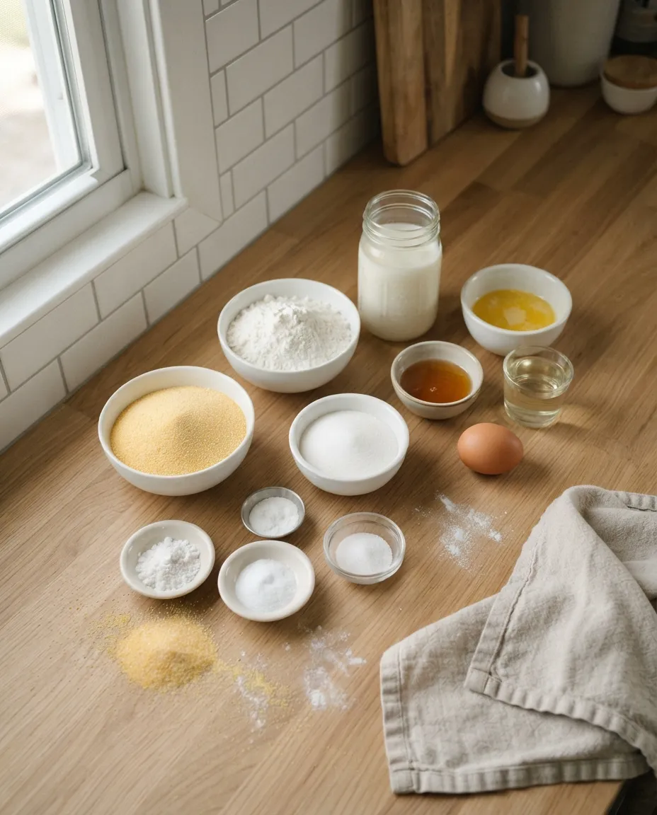 Corn muffin ingredients on a wooden counter: cornmeal, flour, buttermilk, sugar, honey, melted butter, oil, an egg, baking powder, baking soda and salt