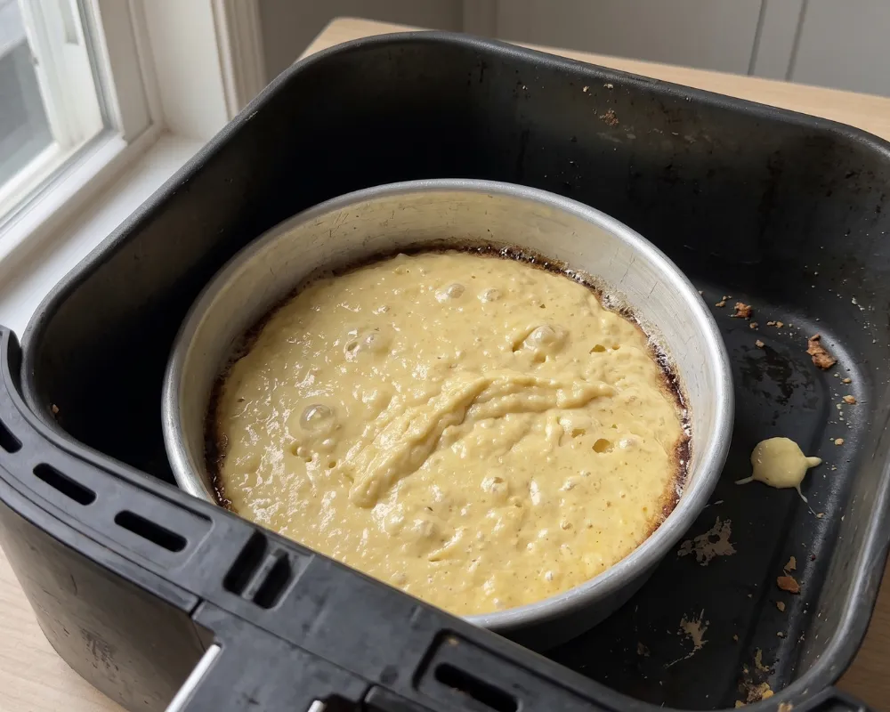 Cornbread batter poured into a hot buttered metal pan inside an air fryer basket, butter browned around the rim