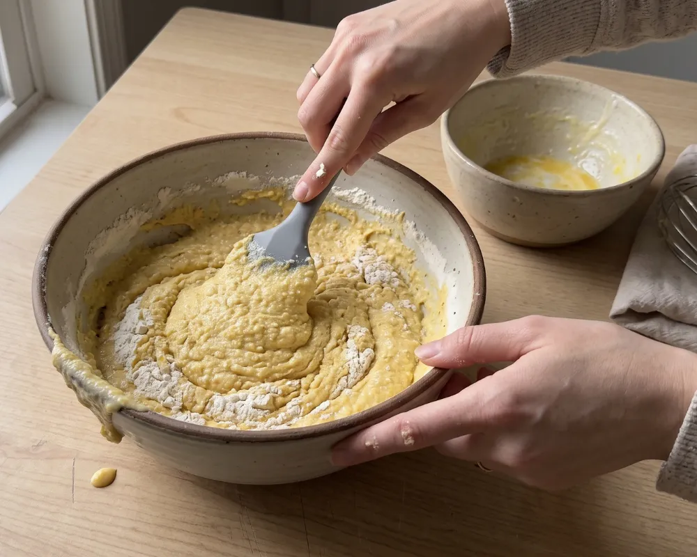 Cornbread batter being folded together with a spatula in a ceramic bowl