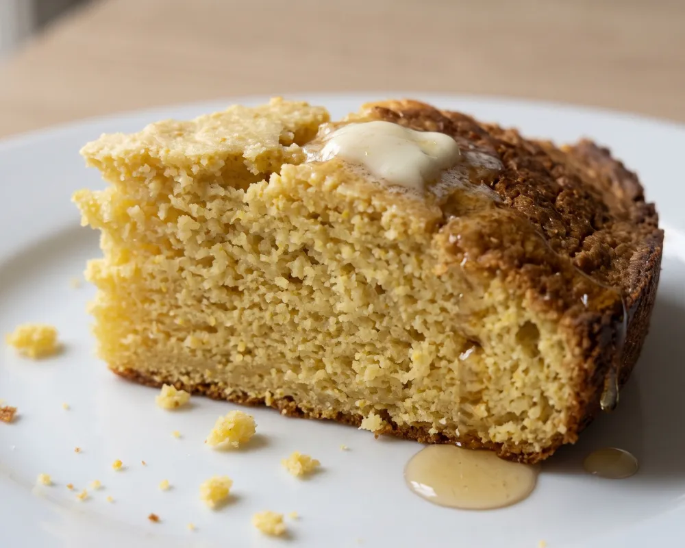 Close-up of a cornbread wedge with melting butter and honey, showing the crisp browned edge and open yellow crumb