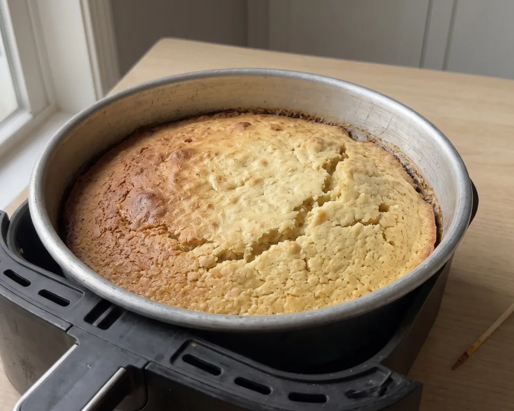A baked golden cornbread round in its pan inside the air fryer basket, cracked across the top