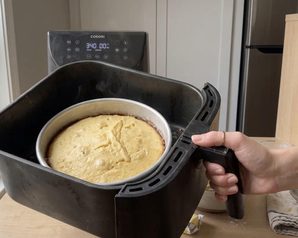 A partly baked cornbread risen and domed in its pan, being checked in the air fryer basket