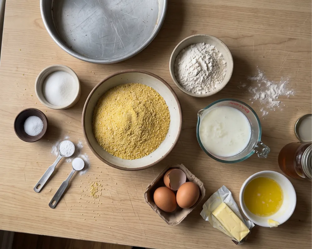 Cornbread ingredients laid out: cornmeal, flour, sugar, buttermilk, eggs, butter, honey and a round metal pan