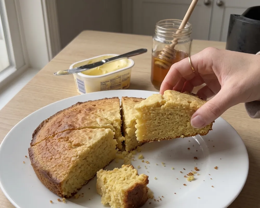 Air fryer cornbread round on a white plate with one wedge lifted, showing the browned edge and tender crumb