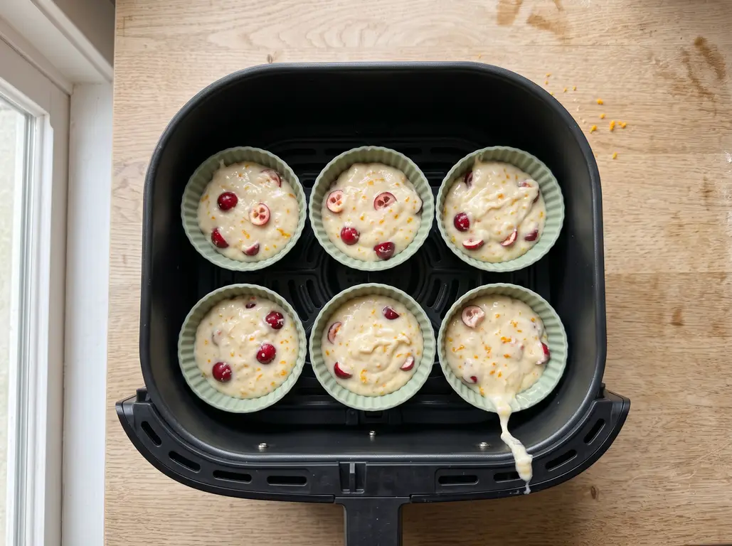 Cranberry orange muffin batter in silicone cups arranged in an air fryer basket