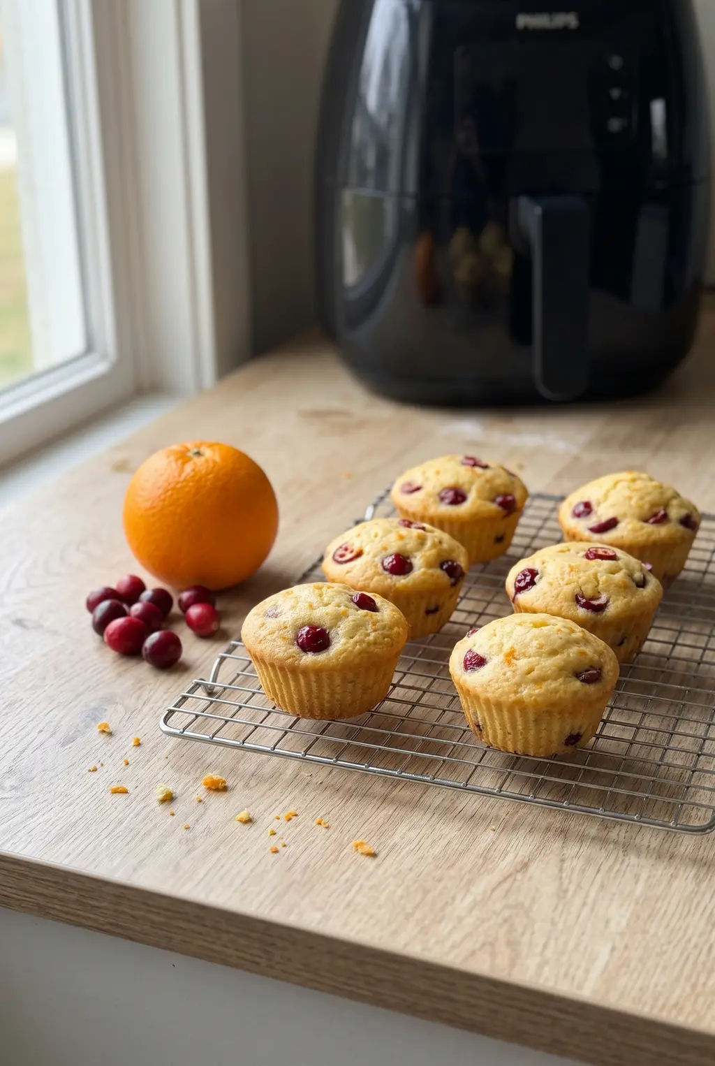 Air fryer cranberry orange muffins with an orange glaze, cooling on a rack