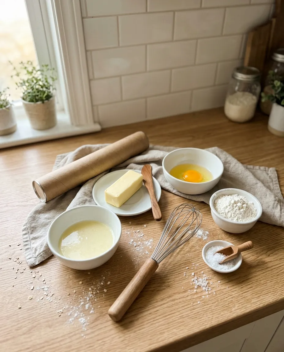 Croissant ingredients on a wooden counter: a stick of butter, a bowl of melted butter, a beaten egg, flour, flaky salt, a rolling pin and a whisk