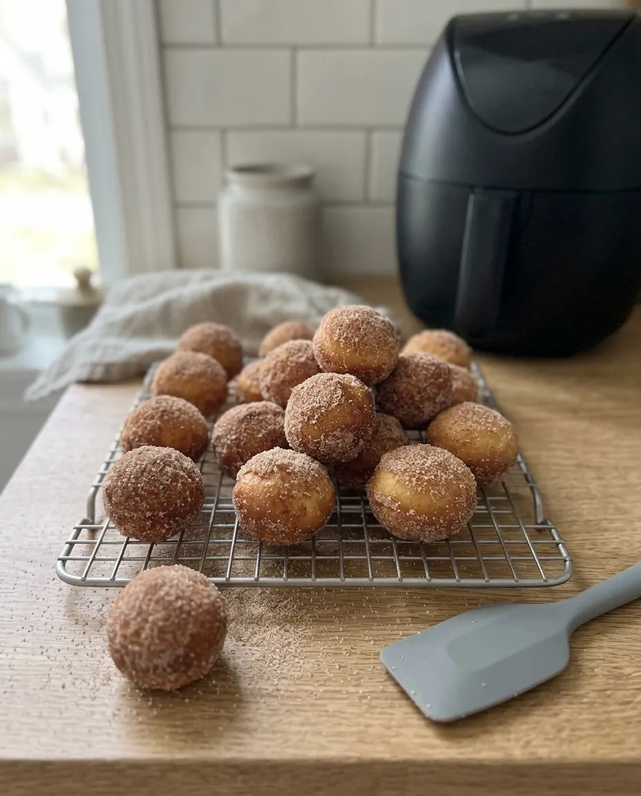 Cinnamon sugar air fryer donut holes piled on a wire cooling rack beside the air fryer