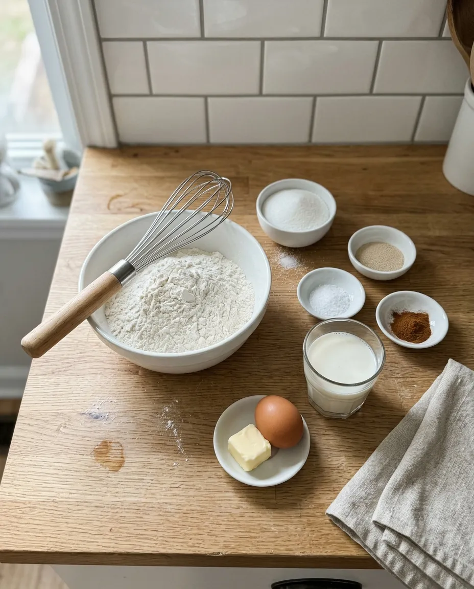 Donut hole ingredients on a wooden counter: flour, sugar, instant yeast, salt, cinnamon, milk, an egg and butter
