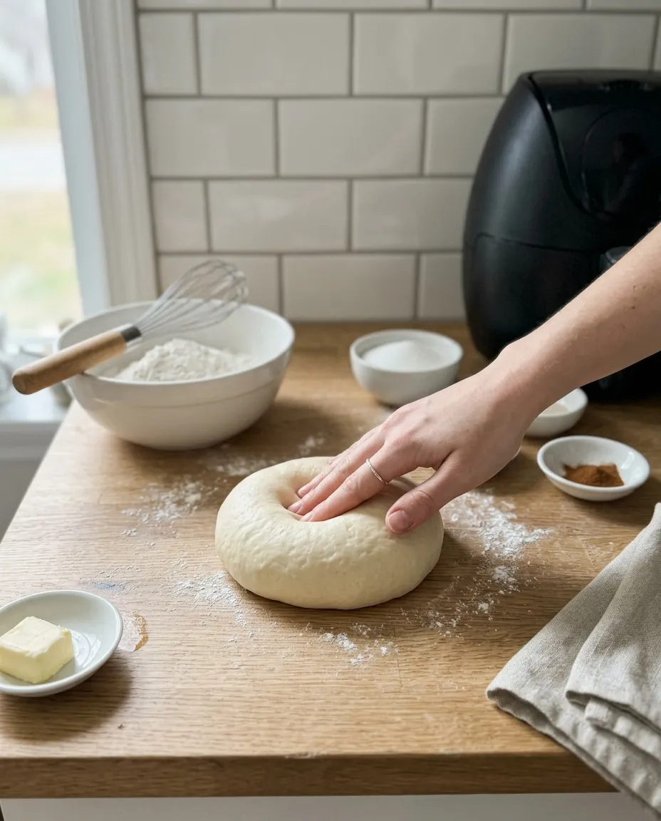 A hand pressing a smooth ball of kneaded yeast donut dough on a floured counter