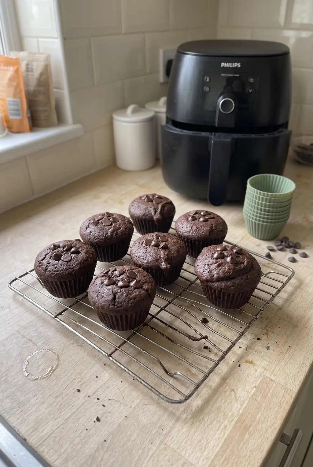 Air fryer double chocolate muffins with domed tops studded with melted chocolate chips, stacked on a plate