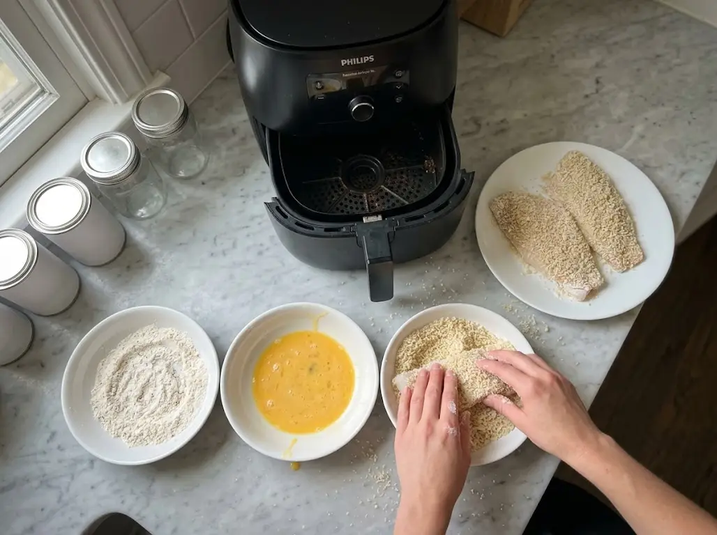 A three-bowl breading station of flour, beaten egg, and panko with hands pressing panko onto a fish fillet, dredged fillets on a plate beside a Philips air fryer
