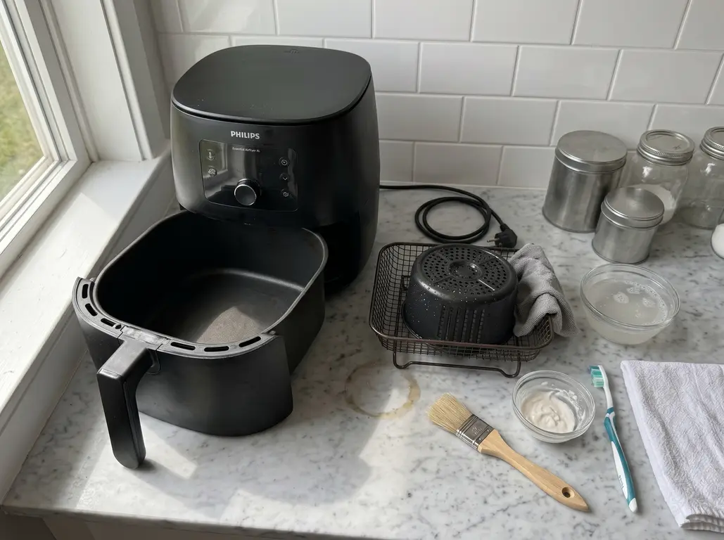 A cleaned air fryer upright with its drawer out and the basket drying on a rack beside it