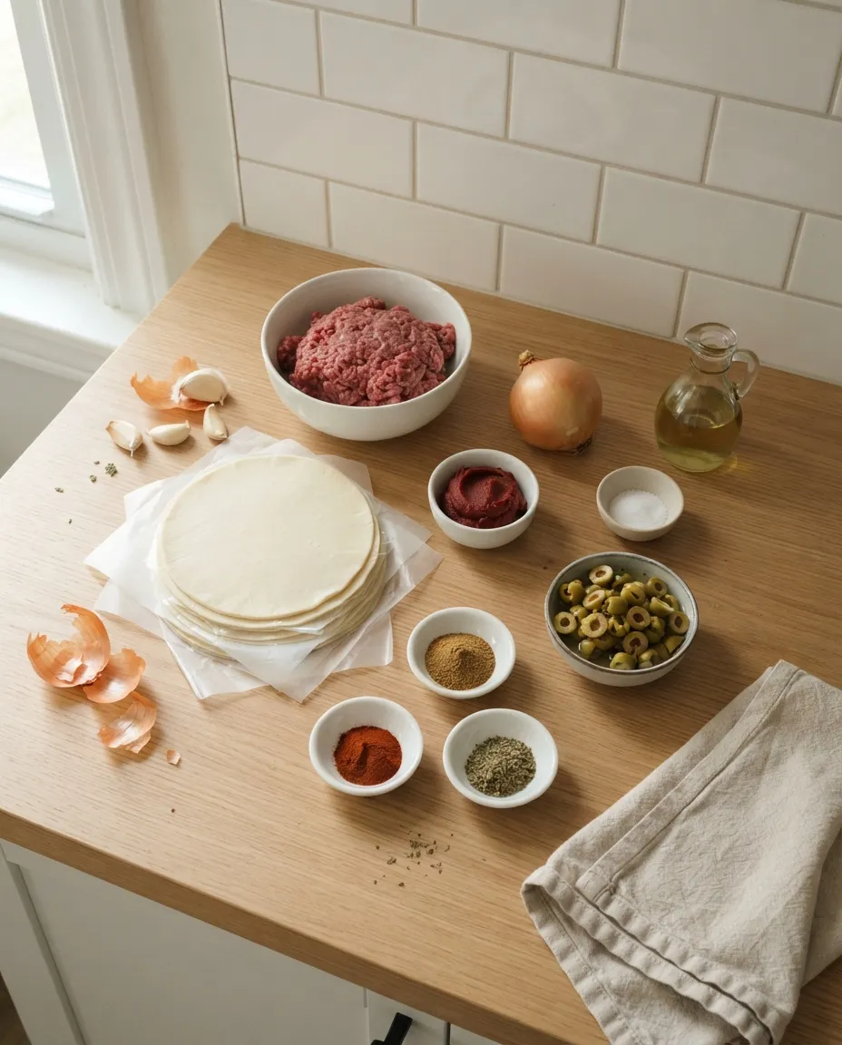 Beef empanada ingredients: a stack of empanada discos, ground beef, onion, garlic, tomato paste, cumin, smoked paprika, oregano, green olives, salt and oil