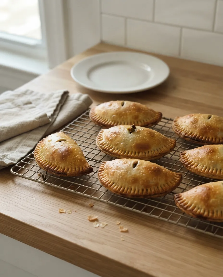 Golden, blistered air fryer empanadas cooling on a wire rack