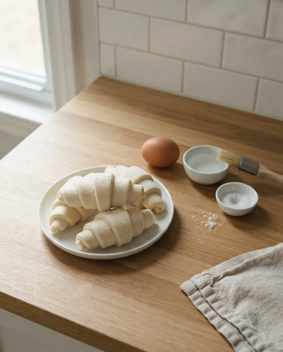 Four frozen ready-to-bake croissants on a plate beside an egg, a small bowl of water, a pastry brush and flaky salt