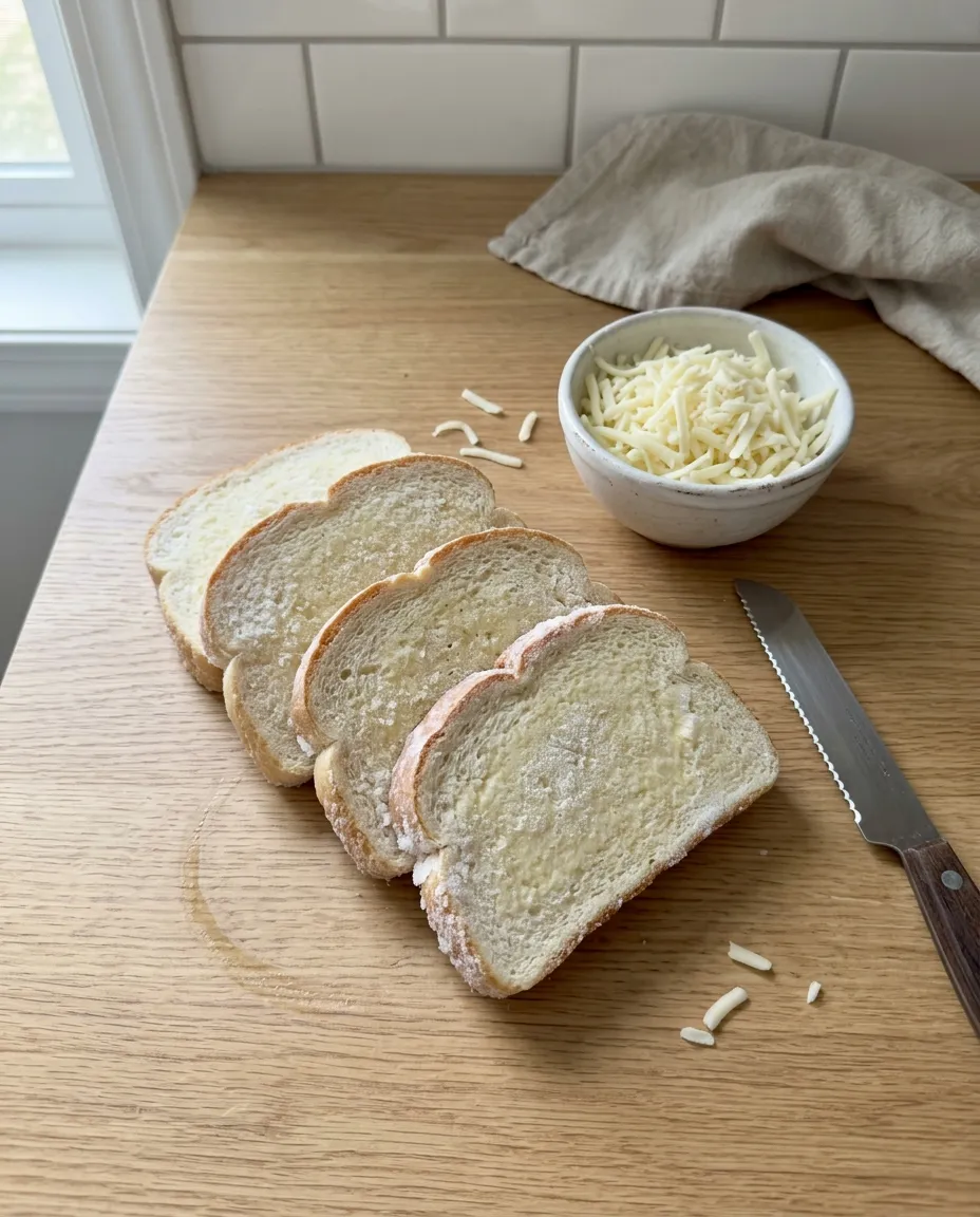Frozen garlic bread slices with frost on the crust beside a bowl of shredded mozzarella and a serrated knife