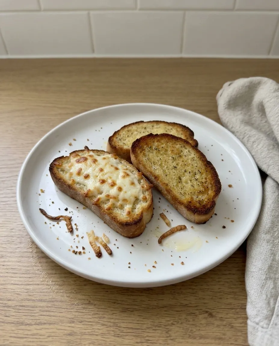Air fryer frozen garlic bread on a white plate, one piece topped with blistered melted mozzarella