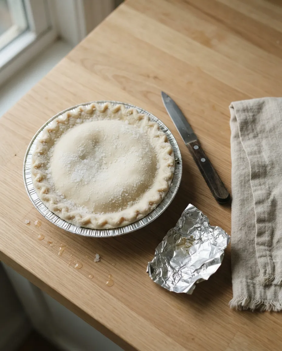 A frozen pie in its foil tin with frost on the crust, next to a paring knife and a piece of foil
