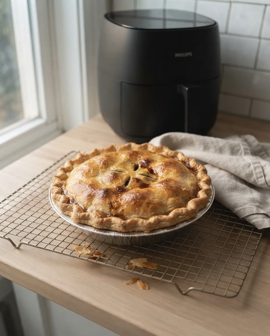 A golden frozen pie on a wire cooling rack with an evenly browned rim