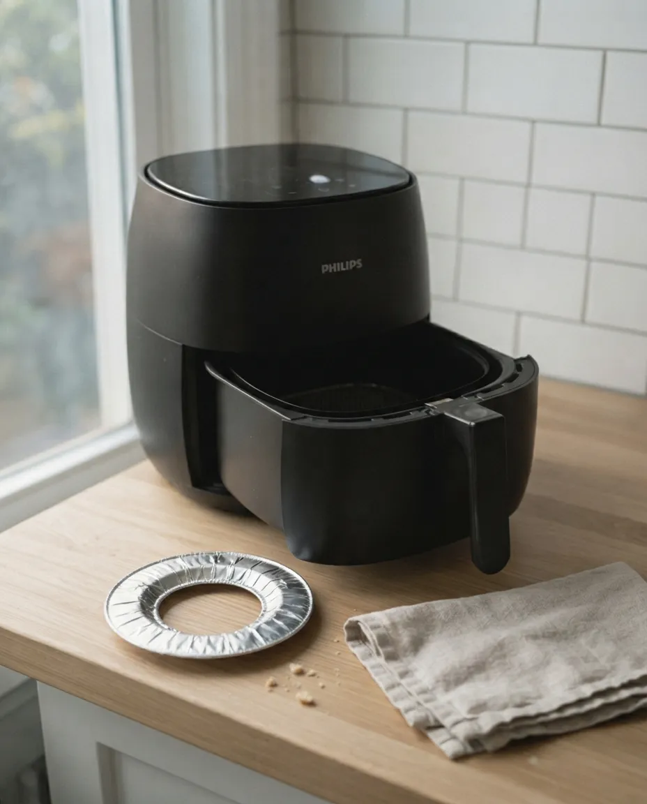 A closed air fryer baking a pot pie, with a cut foil ring waiting on the counter beside it