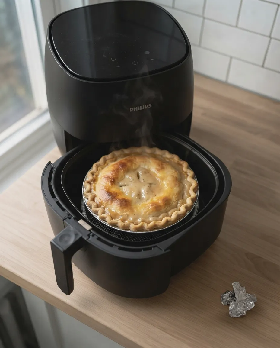 A golden pot pie steaming in an open air fryer basket