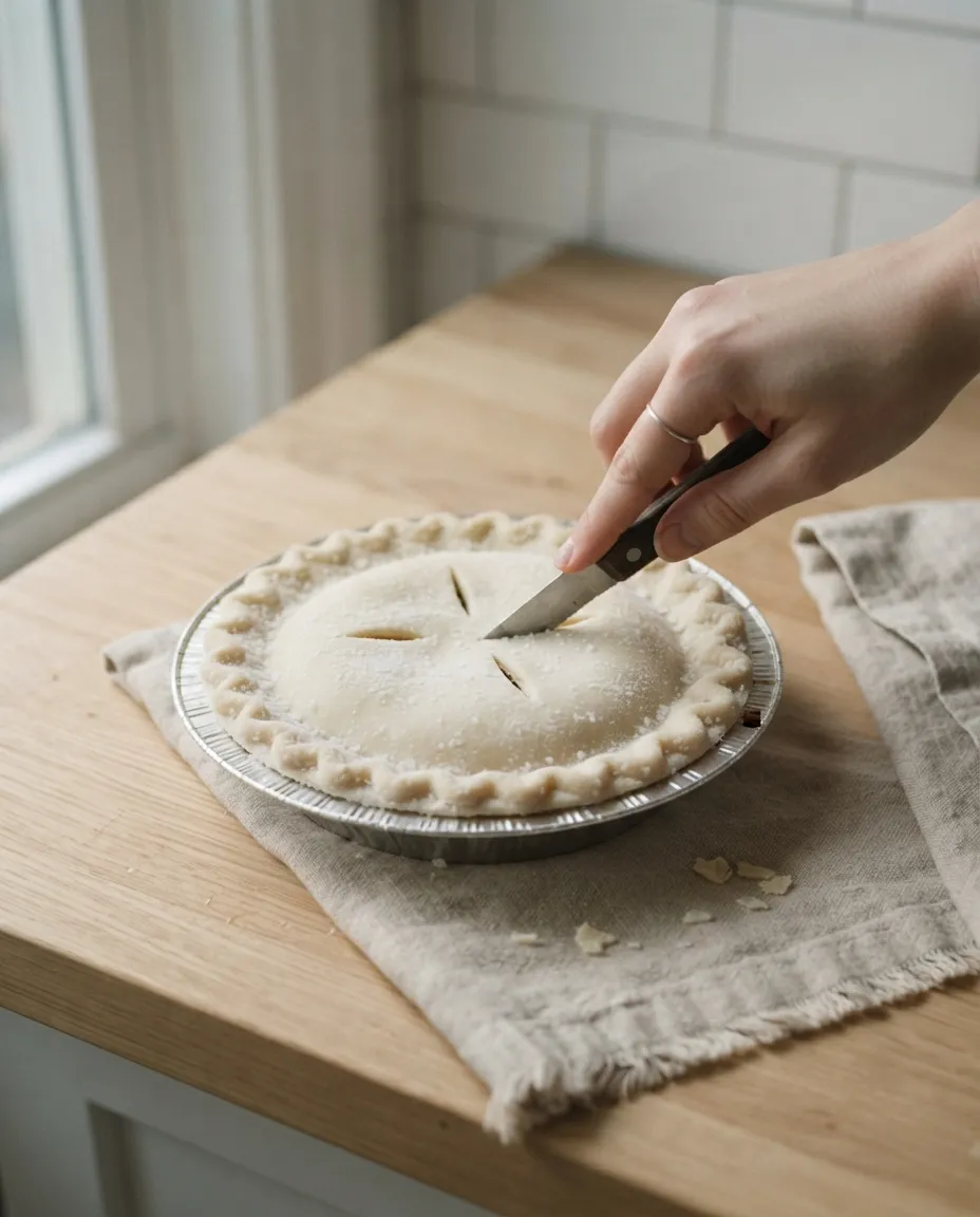 A hand cutting vent slits into the top crust of a frozen pot pie with a knife