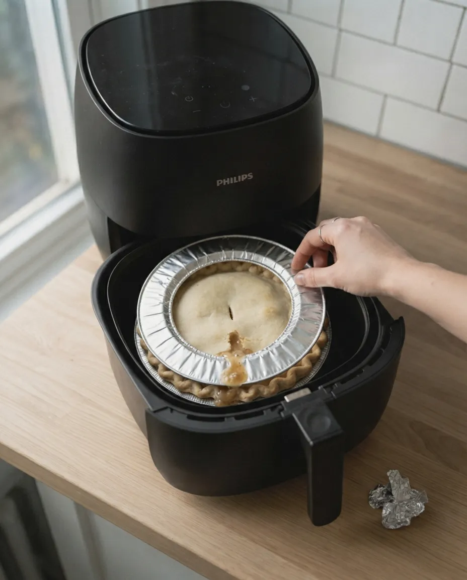 A hand laying a foil ring over the rim of a pot pie in an air fryer basket