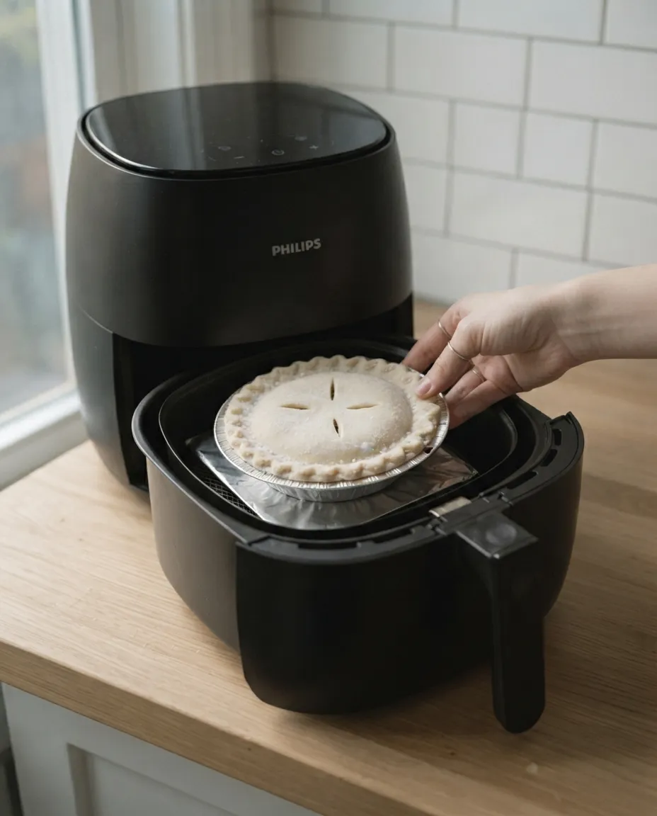 A hand setting a frozen pot pie in its foil tin onto a foil square in a Philips air fryer basket