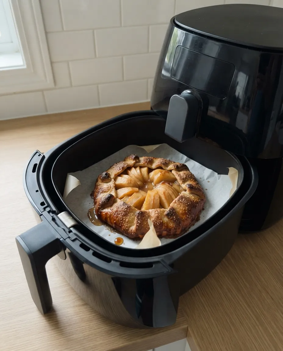 A baked apple galette with deep golden pleats on parchment in an air fryer basket