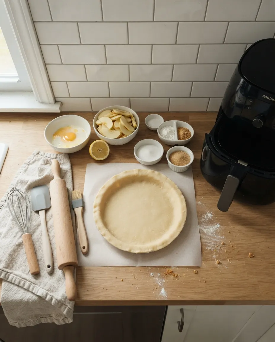 Galette ingredients on a wooden counter: a pie crust round on parchment, sliced apples, egg, lemon, sugar, cornstarch, crumbs, a rolling pin and pastry brush