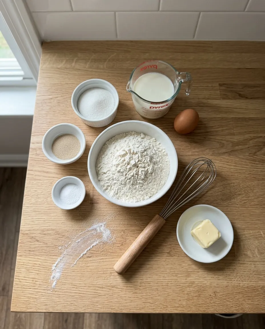 Glazed donut dough ingredients on a wooden counter: flour, sugar, instant yeast, salt, milk, an egg and butter
