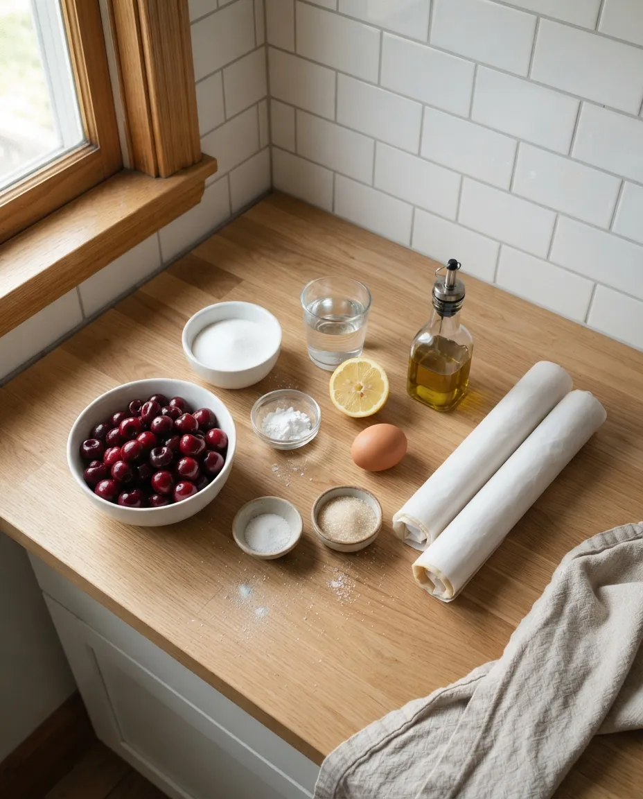Cherry hand pie ingredients: fresh cherries, sugar, cornstarch, water, lemon, an egg, salt, coarse sugar, oil and two rolls of refrigerated pie crust