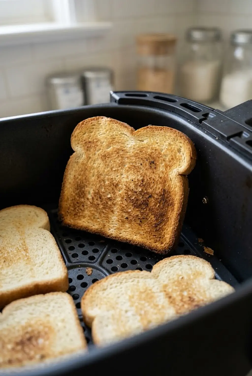 Close-up of one slice of toast much darker than the paler slices around it in an air fryer basket