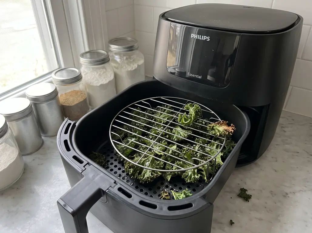 Oiled kale leaves held down by a metal rack in a Philips air fryer basket, crisping into kale chips