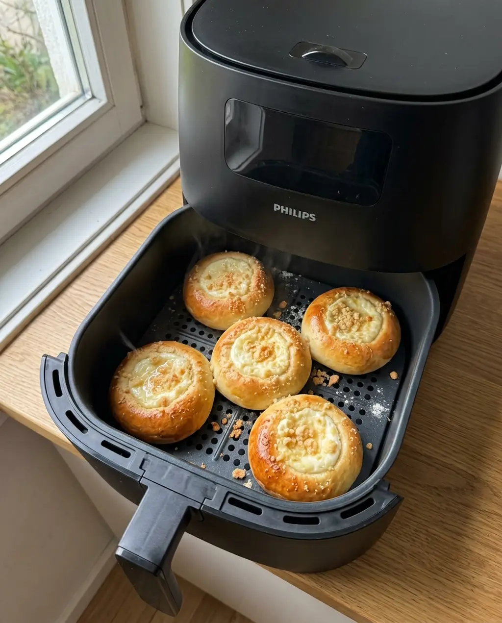 Five golden air fryer kolaches with sweet cheese filling and posypka crumbs in an air fryer basket