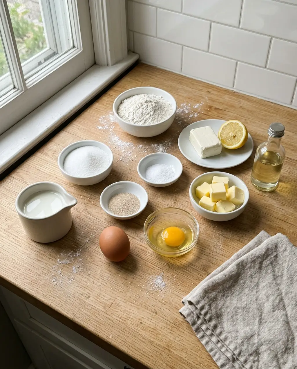 Kolache ingredients on a wooden counter: flour, sugar, salt, yeast, milk, an egg and a separated yolk, cubed butter, cream cheese, lemon and oil