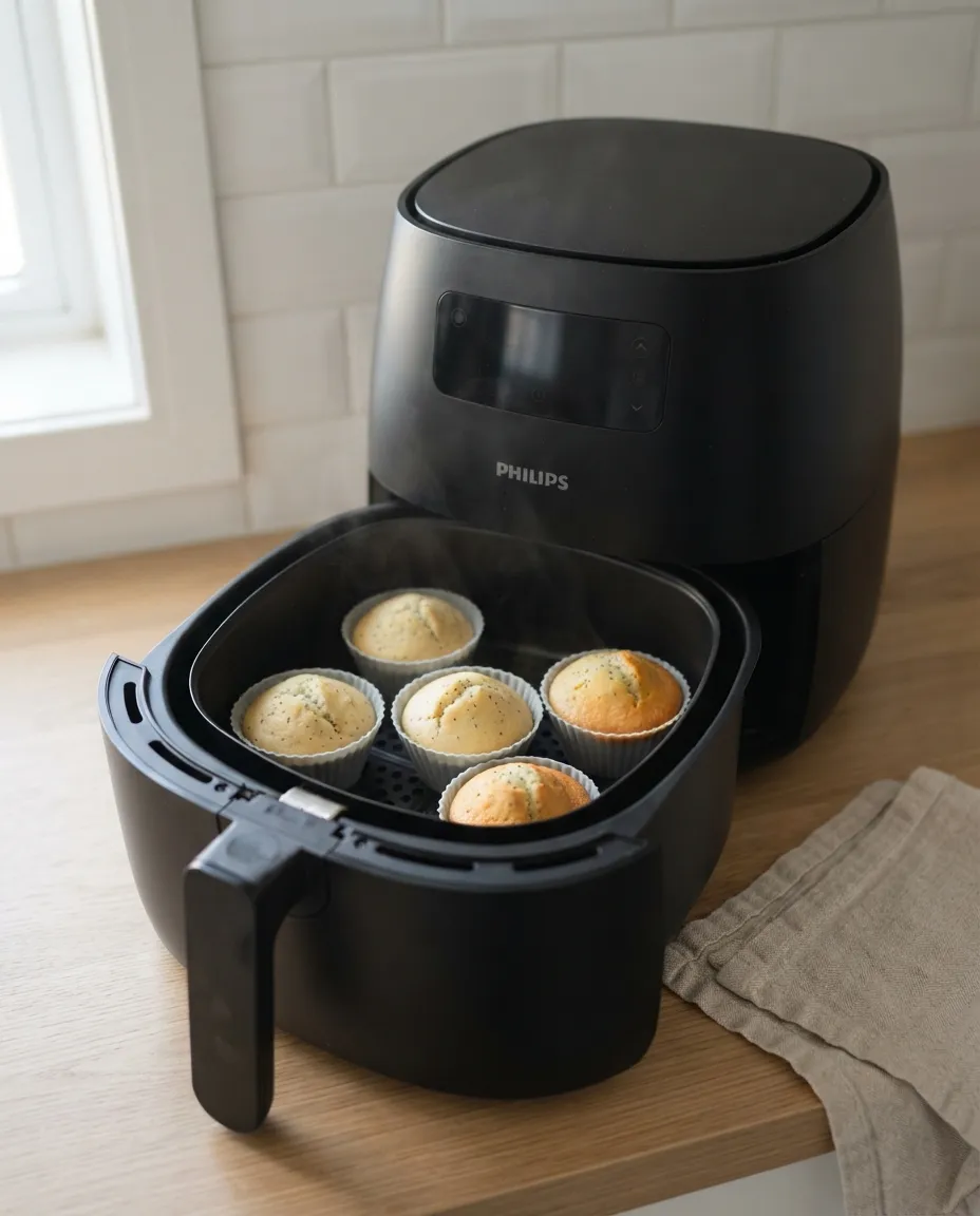 Six baked lemon poppy seed muffins with gold domes in silicone cups in an air fryer basket, steam rising