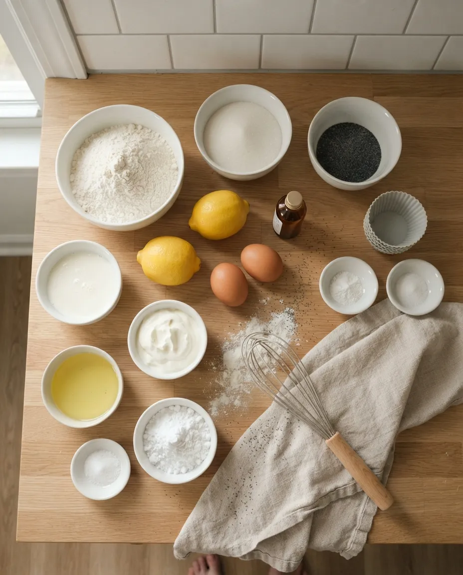 Lemon poppy seed muffin ingredients on a wooden counter: flour, sugar, poppy seeds, two lemons, eggs, buttermilk, sour cream, oil, vanilla, powdered sugar, leaveners, salt and silicone cups