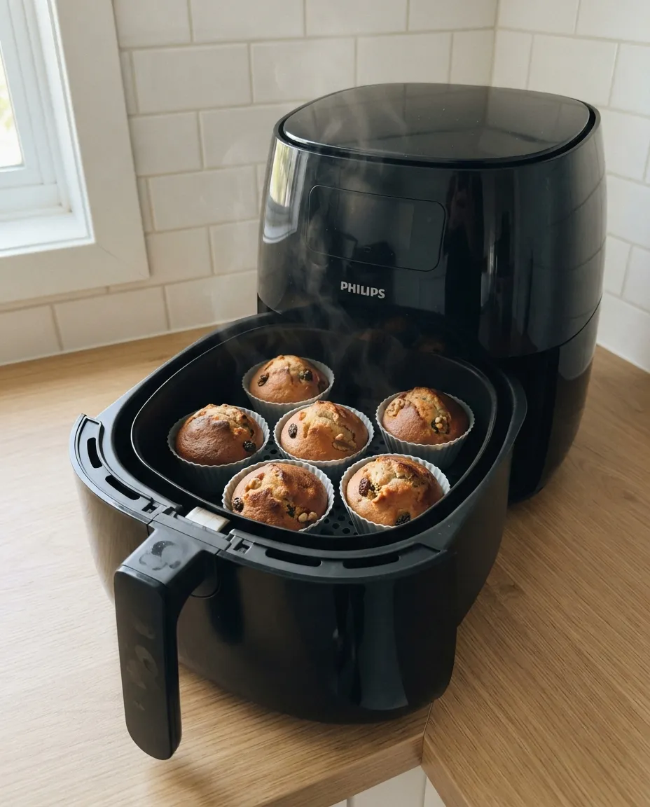 Six baked morning glory muffins with domed, browned tops in silicone cups in an air fryer basket, steam rising