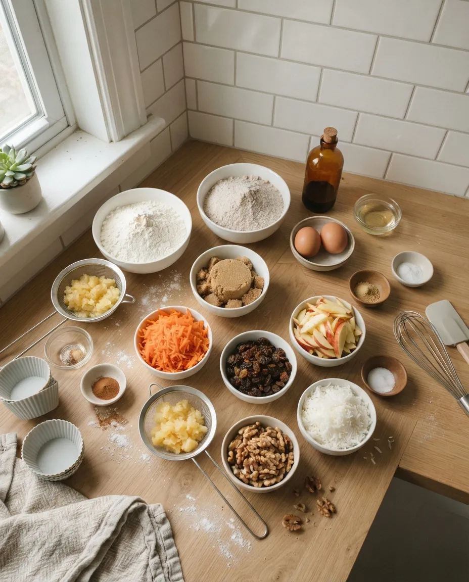 Morning glory muffin ingredients on a wooden counter: two flours, brown sugar, eggs, oil, spices, grated carrot, sliced apple, crushed pineapple in sieves, raisins, walnuts and coconut