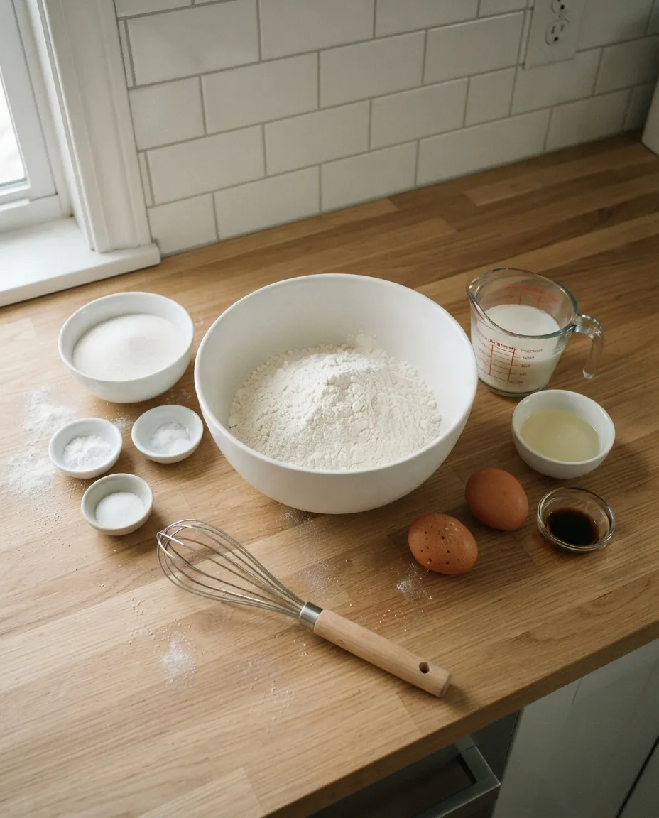 Muffin ingredients on a wooden counter: a bowl of flour, sugar, baking powder, baking soda, salt, eggs, buttermilk, oil and vanilla