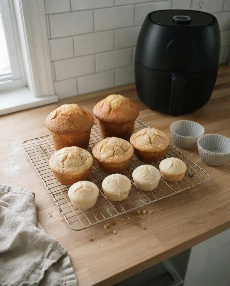 Jumbo, standard and mini muffins cooling together on a wire rack beside an air fryer