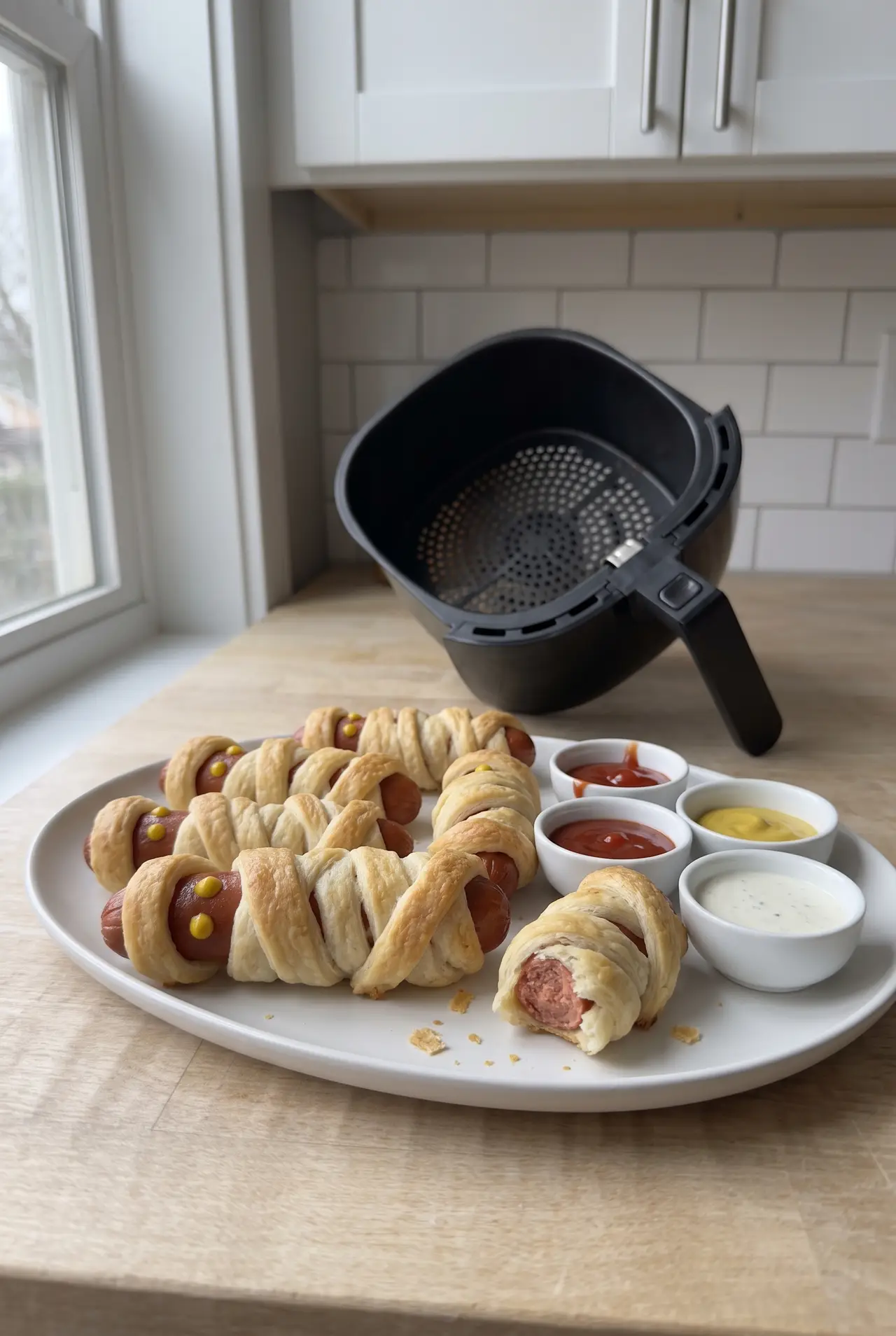 Air fryer mummy dogs served with ketchup and mustard for dipping
