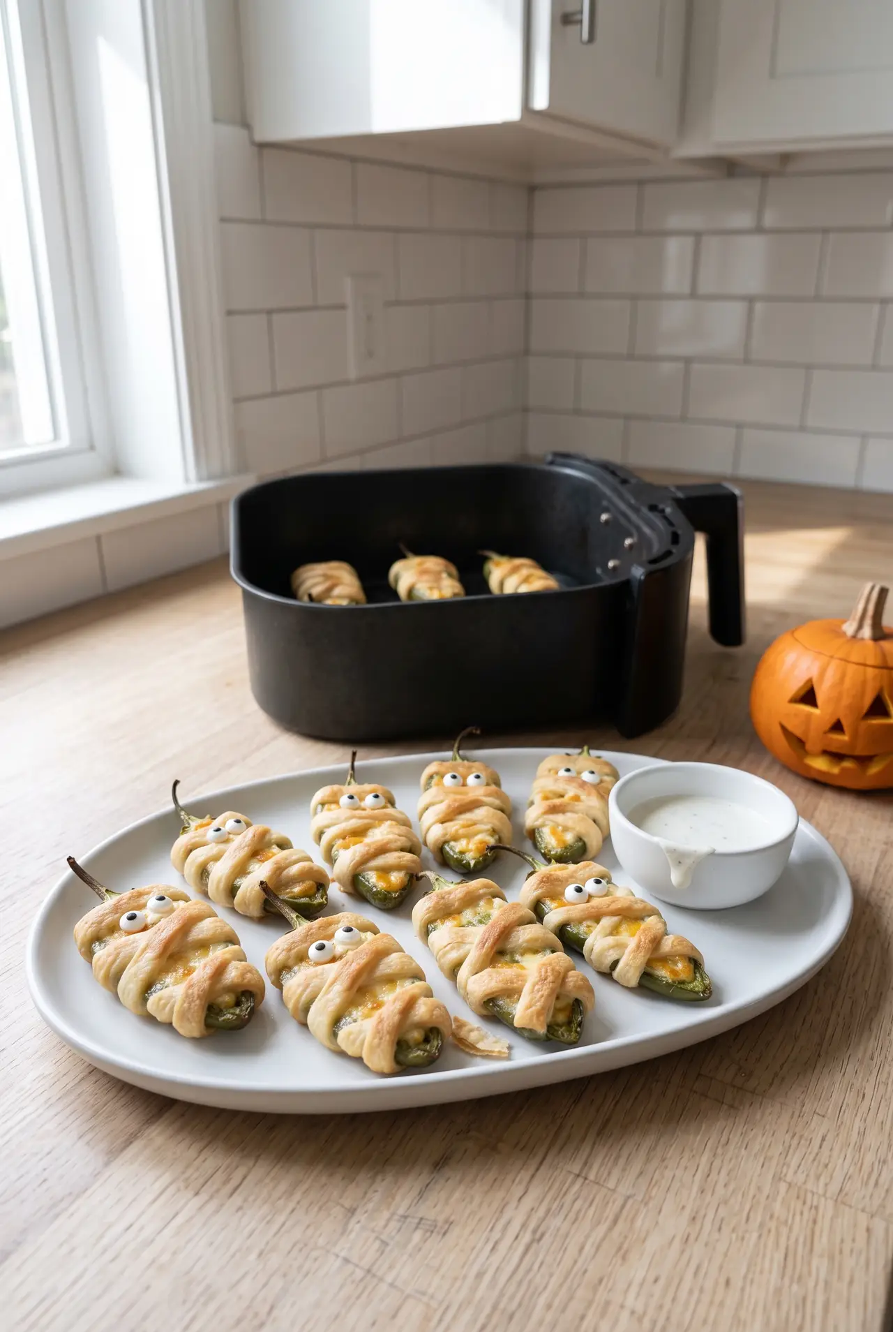 Air fryer mummy jalapeno poppers on a party platter