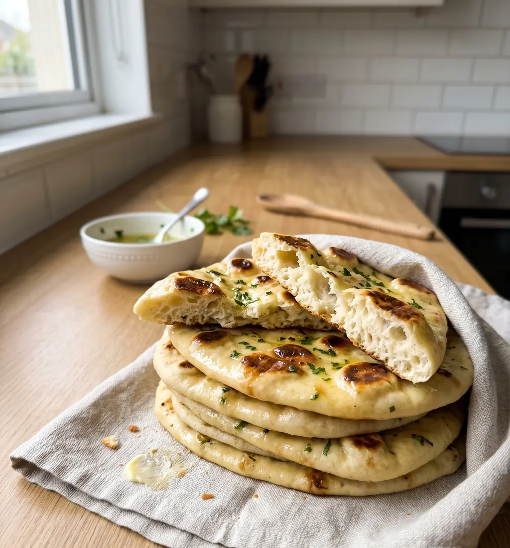 A stack of blistered air fryer naan brushed with garlic butter and cilantro, wrapped in a linen towel, the top piece torn open